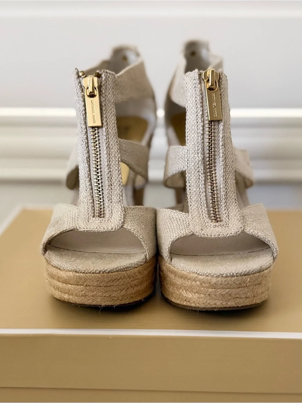 Michael Kors Beige Canvas Espadrille Wedge Sandals - Damita Wedge